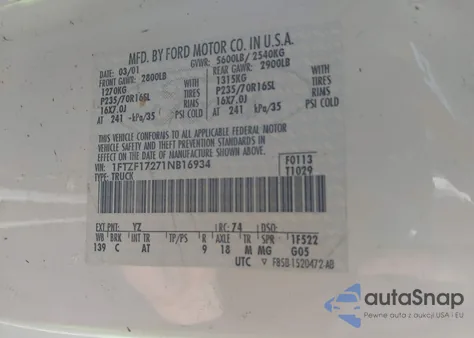 2001 Ford F-150 Xl/Xlt z USA, uszkodzony, nr VIN 1FTZF17271NB16934